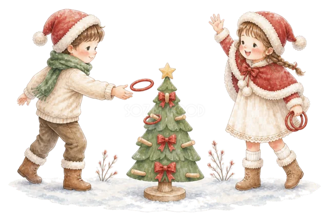 ツリーで輪投げをする子どもを描いた水彩絵本タッチの子どものクリスマスパーティーイラスト