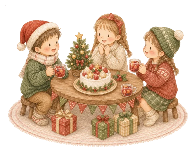 ケーキのテーブルを囲む子どもを描いた水彩絵本タッチの子どものクリスマスパーティーイラスト