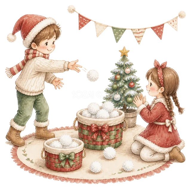 雪玉ゲームを楽しむ子どもを描いた水彩絵本タッチの子どものクリスマスパーティーイラスト