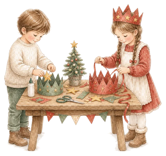 パーティー帽子を作る子どもを描いた水彩絵本タッチの子どものクリスマスパーティーイラスト