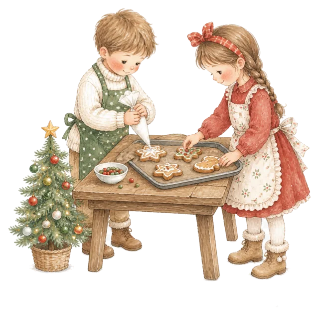 クッキーを焼く子どもを描いた水彩絵本タッチの子どものクリスマスパーティーイラスト
