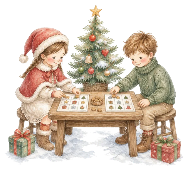 ボードゲームをする子どもを描いた水彩絵本タッチの子どものクリスマスパーティーイラスト