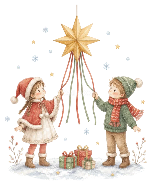 星の飾りを作る子どもを描いた水彩絵本タッチの子どものクリスマスパーティーイラスト