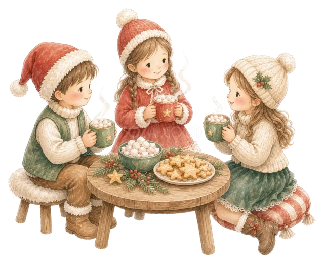 お茶とクッキーを楽しむ子どもを描いた水彩絵本タッチの子どものクリスマスパーティーイラスト