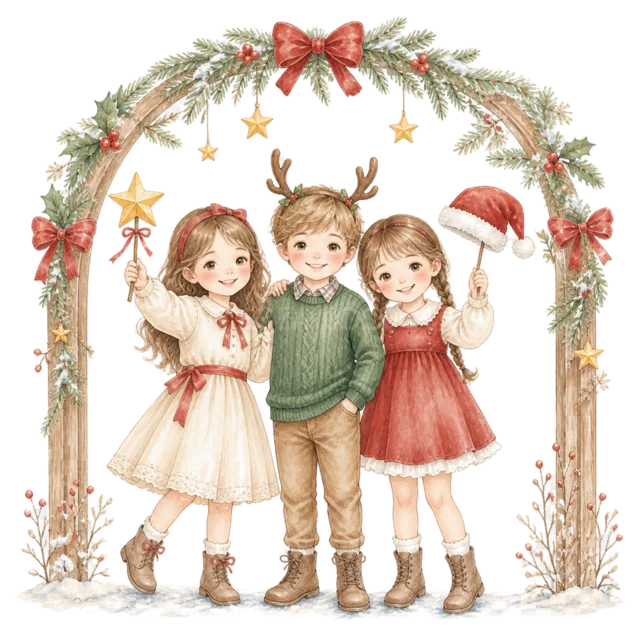 クリスマスアーチに集まる子どもを描いた水彩絵本タッチの子どものクリスマスパーティーイラスト