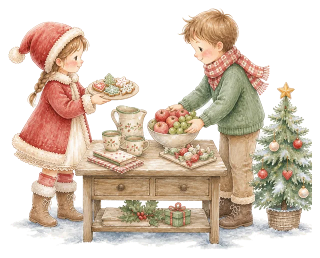お菓子のテーブルを囲む子どもを描いた水彩絵本タッチの子どものクリスマスパーティーイラスト
