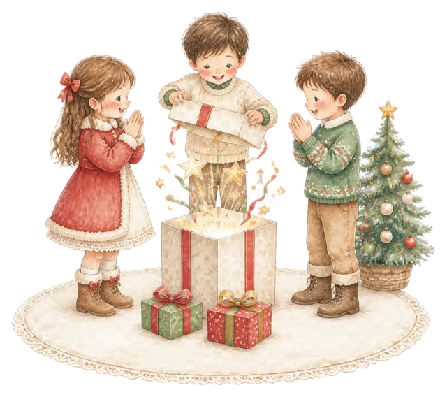 プレゼントを積み上げる子どもを描いた水彩絵本タッチの子どものクリスマスパーティーイラスト