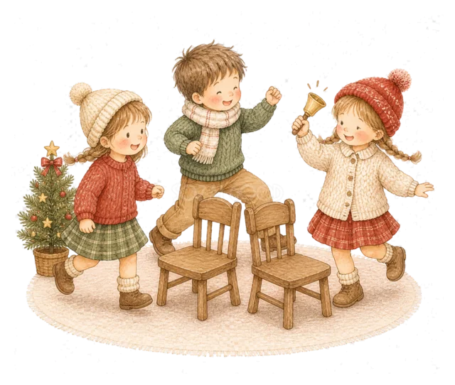 椅子取りゲームをする子どもを描いた水彩絵本タッチの子どものクリスマスパーティーイラスト