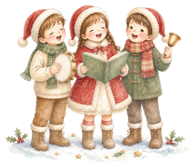 クリスマスソングを歌う子どもを描いた水彩絵本タッチの子どものクリスマスパーティーイラスト