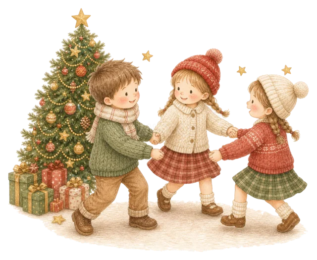 ツリーの周りで踊る子どもを描いた水彩絵本タッチの子どものクリスマスパーティーイラスト