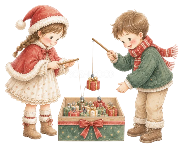 パーティーゲームを楽しむ子どもを描いた水彩絵本タッチの子どものクリスマスパーティーイラスト