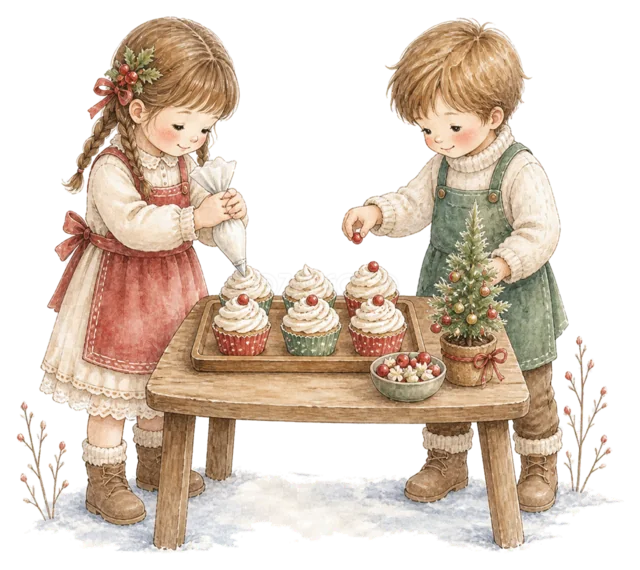 カップケーキを飾る子どもを描いた水彩絵本タッチの子どものクリスマスパーティーイラスト