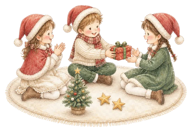 プレゼント交換をする子どもを描いた水彩絵本タッチの子どものクリスマスパーティーイラスト