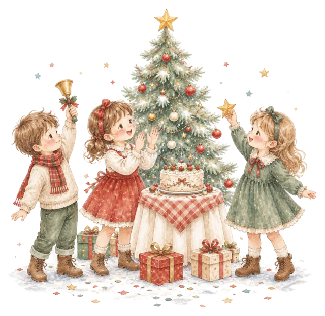 ツリーとケーキを囲む子どもを描いた水彩絵本タッチの子どものクリスマスパーティーイラスト