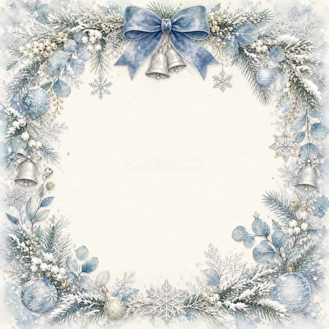 青いリボンと白い花の四角飾りを描いた白と青の上品な水彩クリスマスフレーム