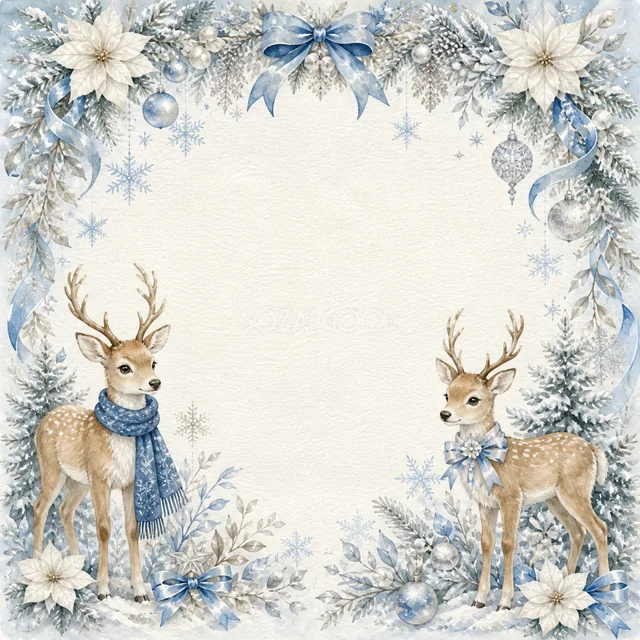 二頭の鹿と雪の森を描いた白と青の上品な水彩クリスマスフレーム