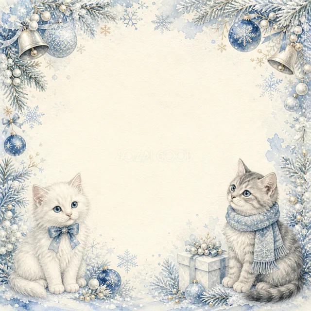 猫たちと青いクリスマス飾りを描いた白と青の上品な水彩クリスマスフレーム