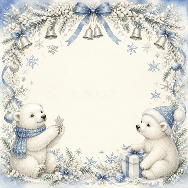 白くまと雪の結晶を描いた白と青の上品な水彩クリスマスフレーム