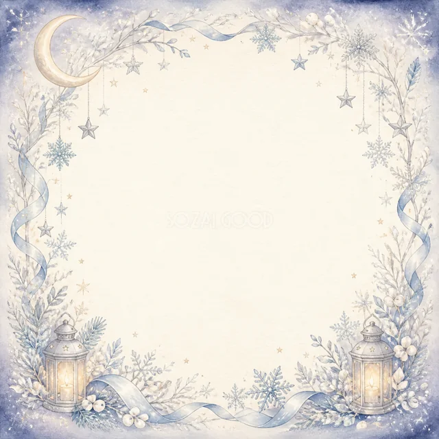 三日月と星と冬の植物を描いた白と青の上品な水彩クリスマスフレーム