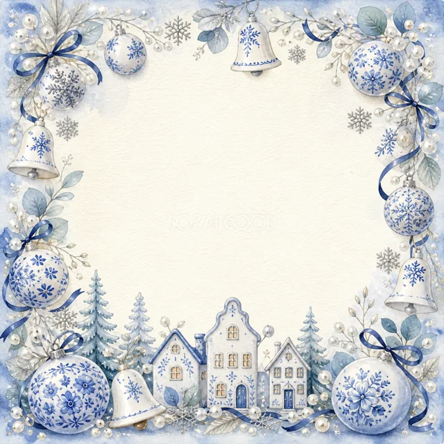 雪の村と青いオーナメントを描いた白と青の上品な水彩クリスマスフレーム