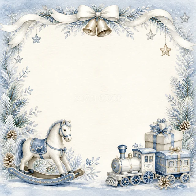 木馬とおもちゃの汽車を描いた白と青の上品な水彩クリスマスフレーム