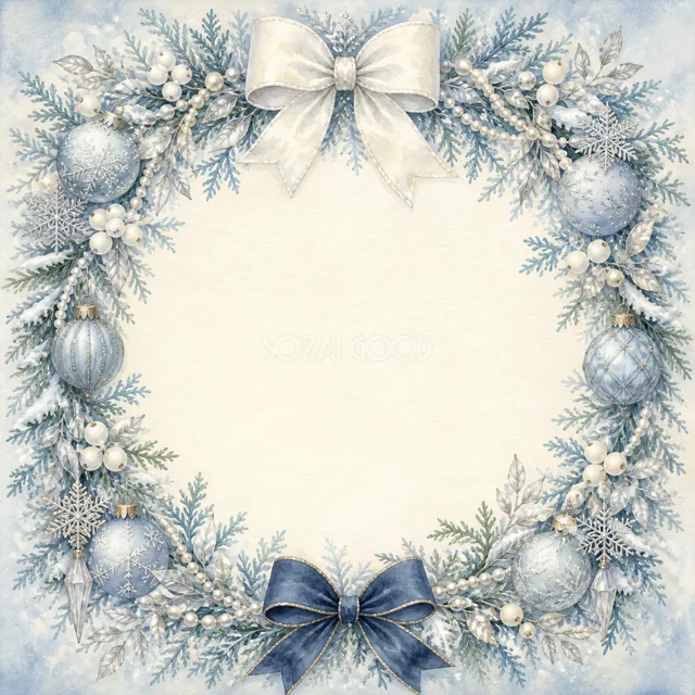 青いリボンの丸いリースを描いた白と青の上品な水彩クリスマスフレーム