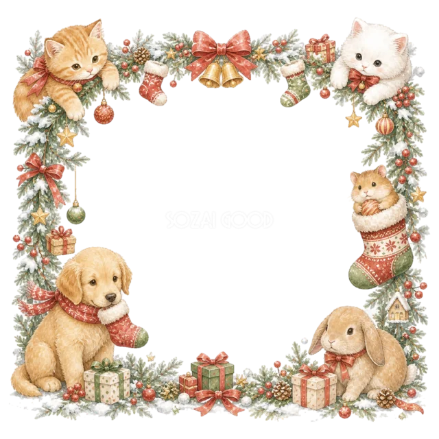 猫と犬を描いた水彩絵本タッチのクリスマス動物フレーム