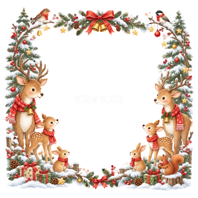 トナカイときつねと子犬を描いた水彩絵本タッチのクリスマス動物フレーム