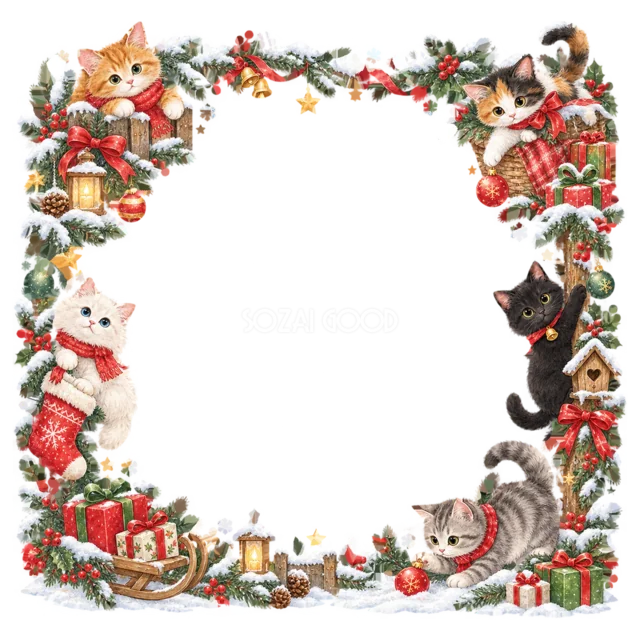 色とりどりの動物たちを描いた水彩絵本タッチのクリスマス動物フレーム