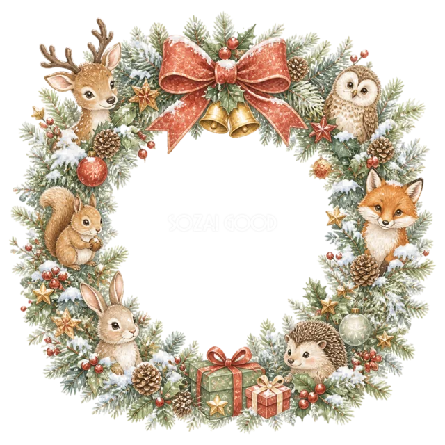 リースに集まる動物たちを描いた水彩絵本タッチのクリスマス動物フレーム