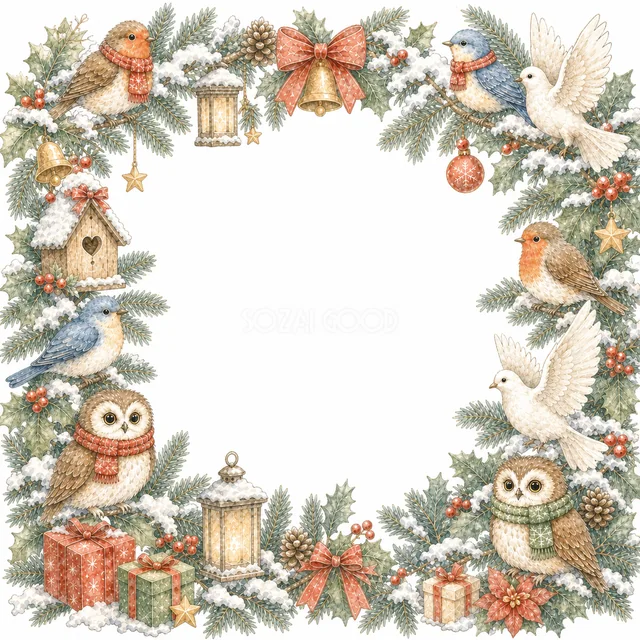 小鳥とフクロウとランタンを描いた水彩絵本タッチのクリスマス動物フレーム