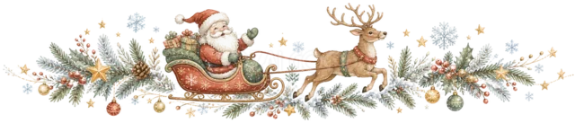 サンタのそりとトナカイを描いた水彩絵本タッチのクリスマスライン・区切り線