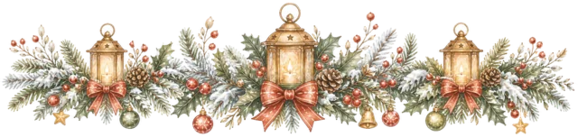 冬のランタンを描いた水彩絵本タッチのクリスマスライン・区切り線