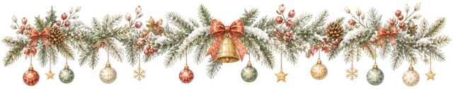 白と金のオーナメントとベルを描いた水彩絵本タッチのクリスマスライン・区切り線