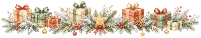 いろいろなプレゼントを描いた水彩絵本タッチのクリスマスライン・区切り線