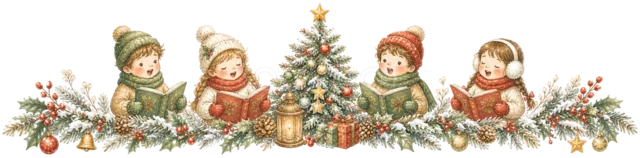 サンタと子どもとツリーを描いた水彩絵本タッチのクリスマスライン・区切り線