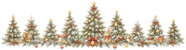 雪をかぶったもみの木を描いた水彩絵本タッチのクリスマスライン・区切り線