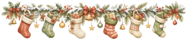 クリスマス靴下を描いた水彩絵本タッチのクリスマスライン・区切り線
