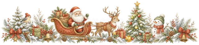 雪原を走るサンタのそりを描いた水彩絵本タッチのクリスマスライン・区切り線