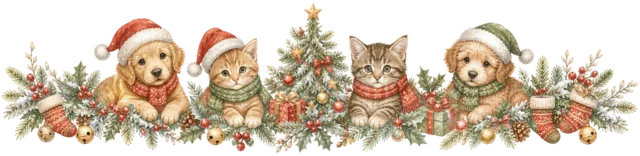 ツリーを囲む森の動物を描いた水彩絵本タッチのクリスマスライン・区切り線