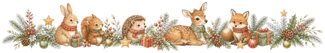 森の動物と冬の飾りを描いた水彩絵本タッチのクリスマスライン・区切り線
