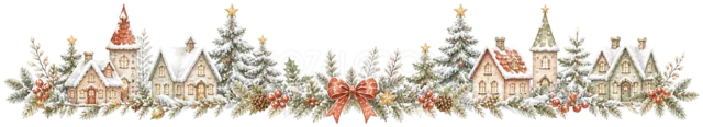 雪のクリスマス村を描いた水彩絵本タッチのクリスマスライン・区切り線