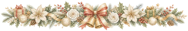 白い花とオーナメントを描いた水彩絵本タッチのクリスマスライン・区切り線