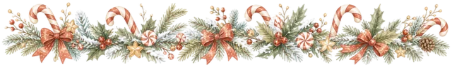 赤いリボンと木の実を描いた水彩絵本タッチのクリスマスライン・区切り線