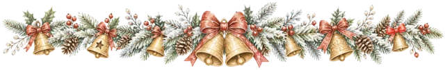 ベルと赤いリボンを描いた水彩絵本タッチのクリスマスライン・区切り線