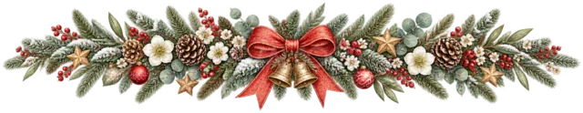 赤いリボンと木の実を描いた水彩の北欧ボタニカルなクリスマスライン・区切り線