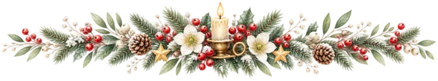中央のキャンドルを描いた水彩の北欧ボタニカルなクリスマスライン・区切り線