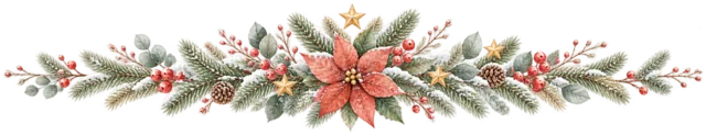 赤いポインセチアの花束を描いた水彩の北欧ボタニカルなクリスマスライン・区切り線