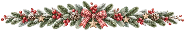 赤い実とリボンを描いた水彩の北欧ボタニカルなクリスマスライン・区切り線