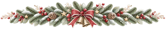 赤いリボンと冬の葉を描いた水彩の北欧ボタニカルなクリスマスライン・区切り線